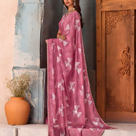 Pink geometric printed chiffon saree party wear