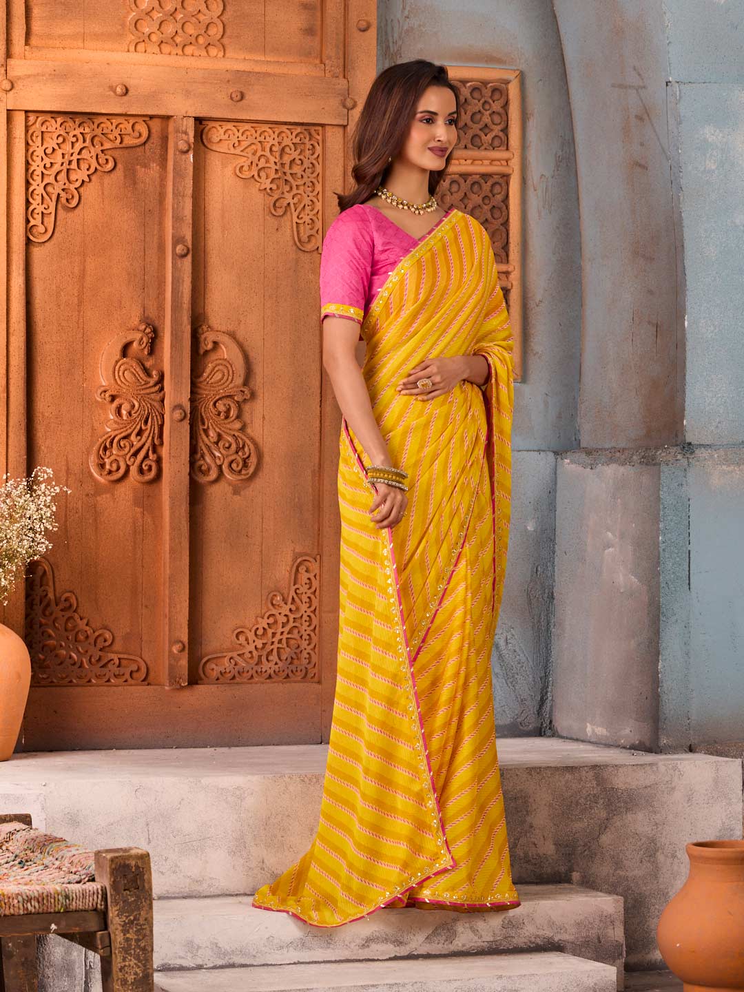 Yellow striped silk blend saree casual wear