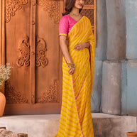 Yellow striped silk blend saree casual wear