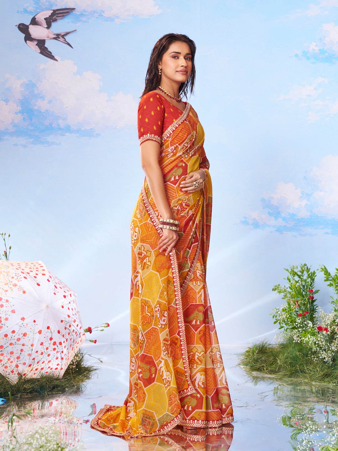 Yellow zari work silk saree ceremony wear