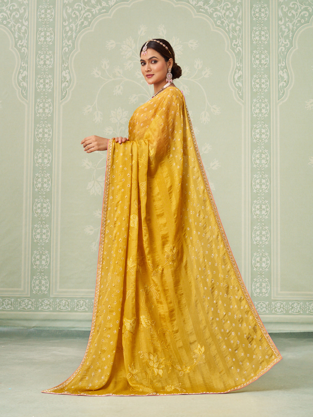 Yellow floral embroidered chiffon saree daily wear