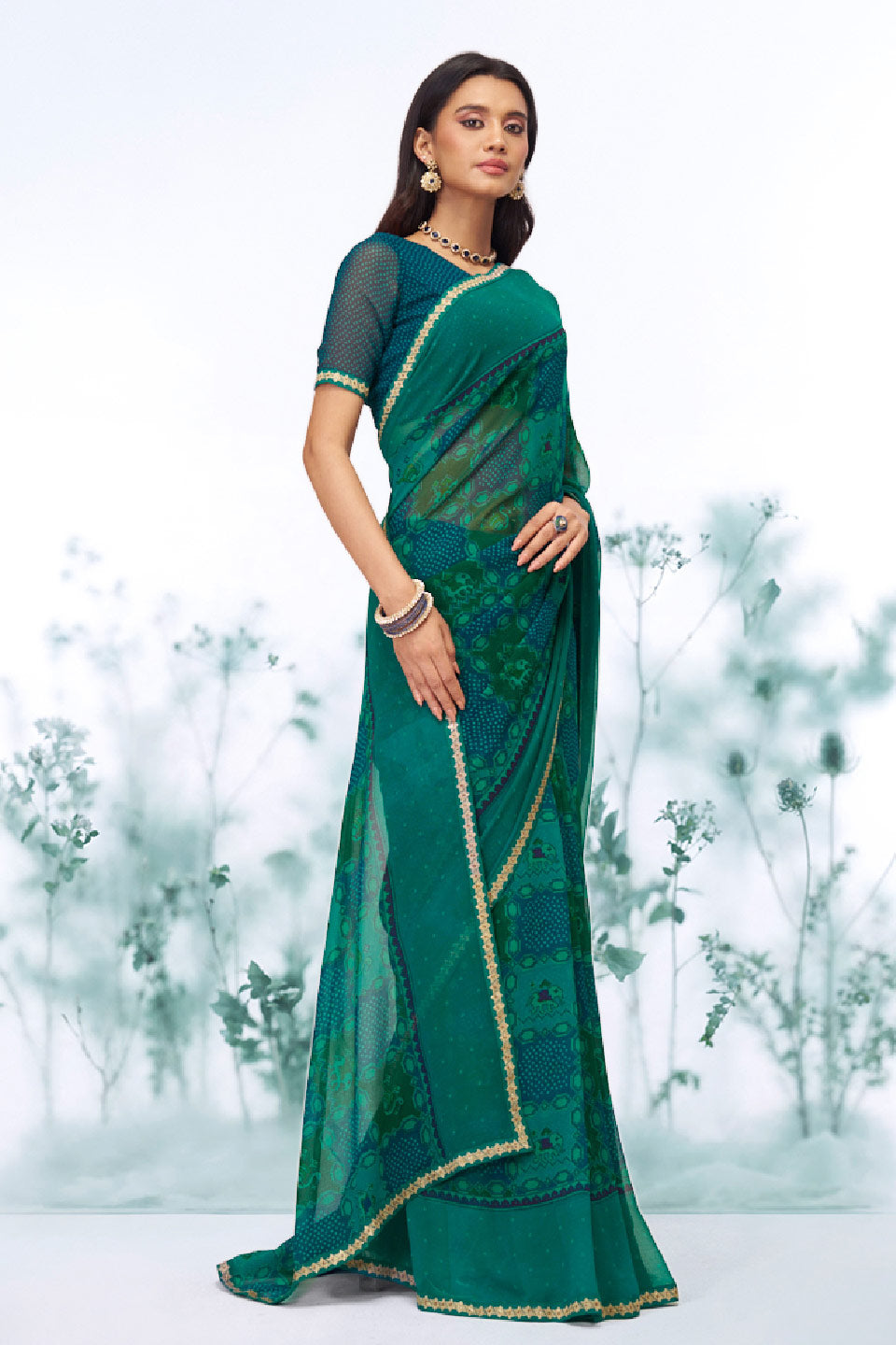 Green floral printed georgette saree wedding wear