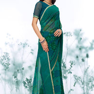 Green floral printed georgette saree wedding wear