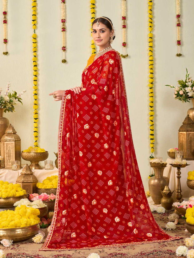 Red bandhani printed georgette saree daily wear