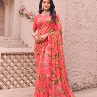 Pink georgette floral print saree