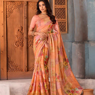 Orange patchwork floral printed chiffon saree party wear