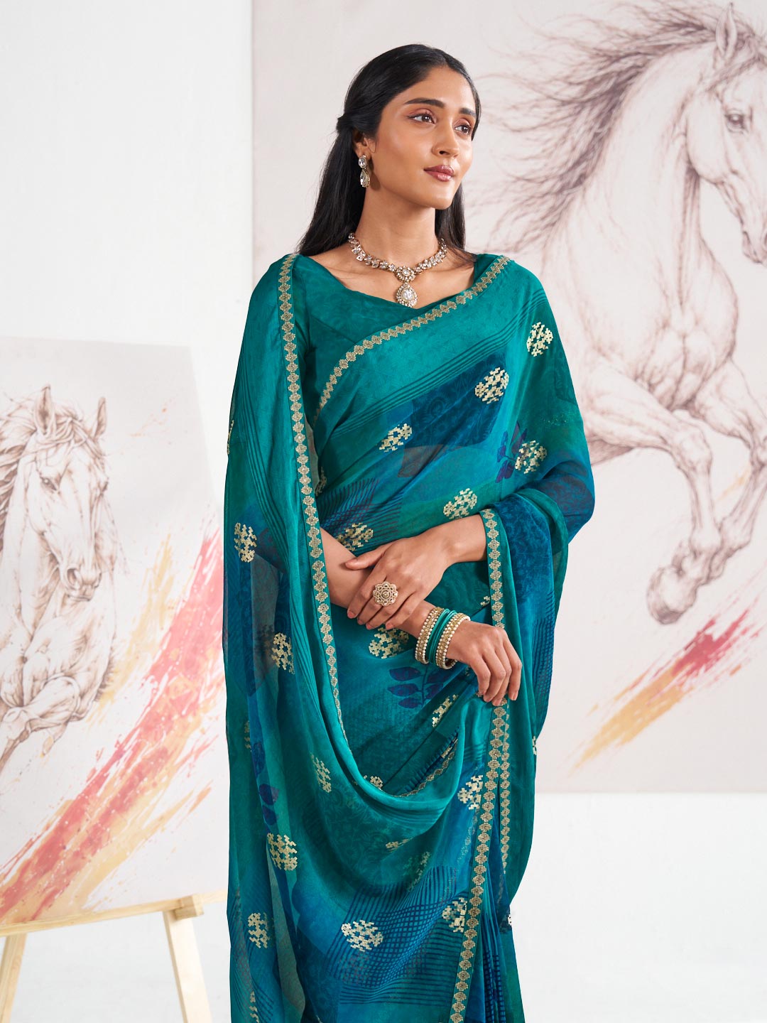 Laxmipati Murli Blue Georgette Floral Saree