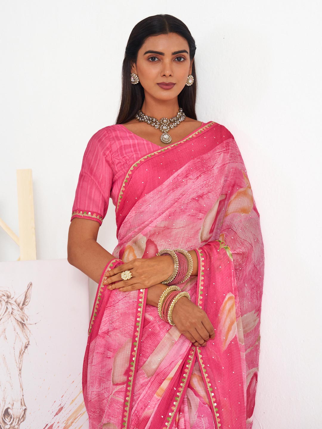 Laxmipati Murli Pink Chiffon Floral Saree