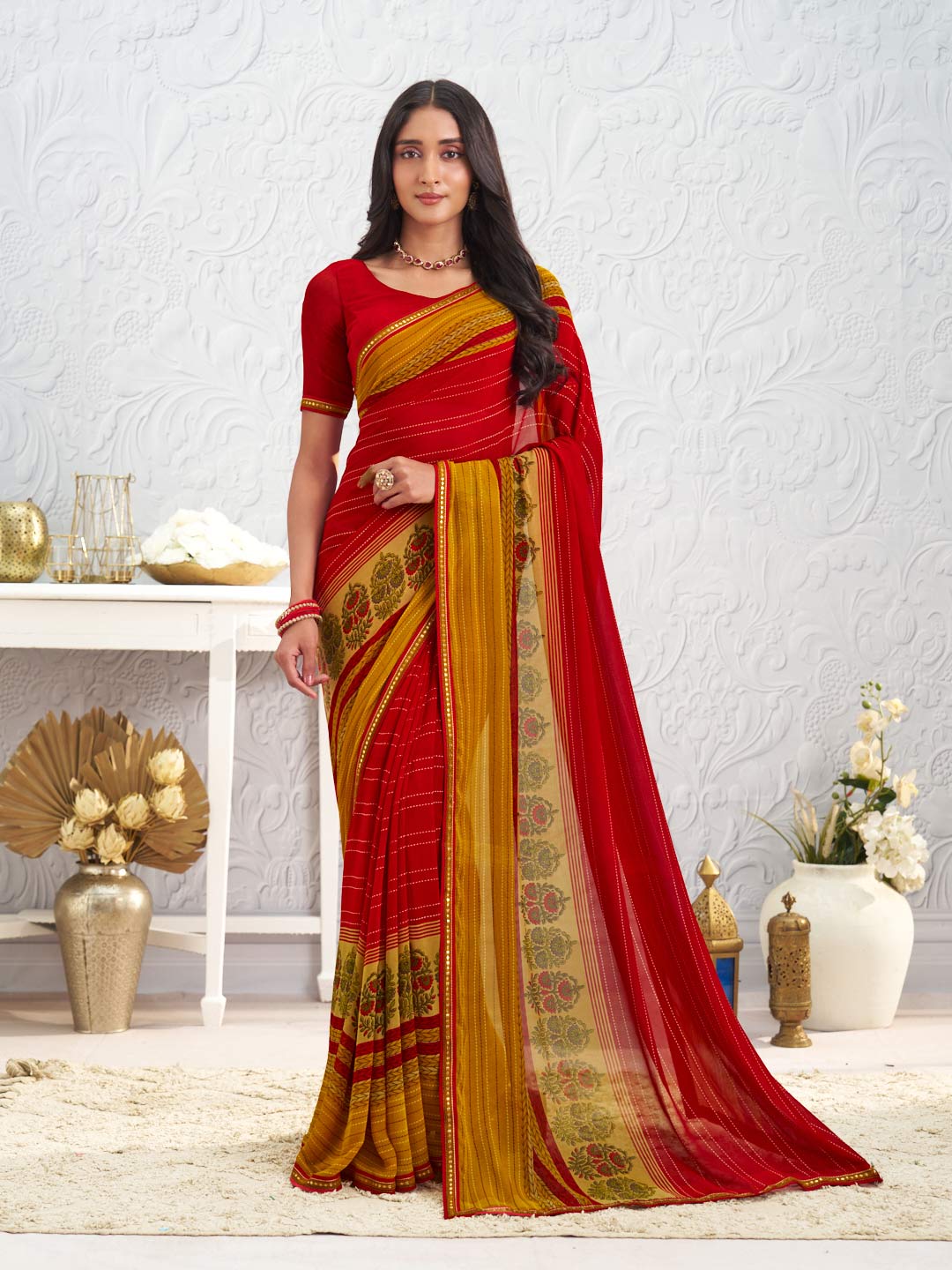 Red floral printed georgette saree daily wear