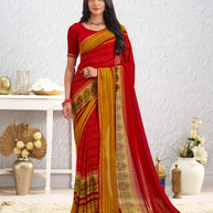 Red floral printed georgette saree daily wear