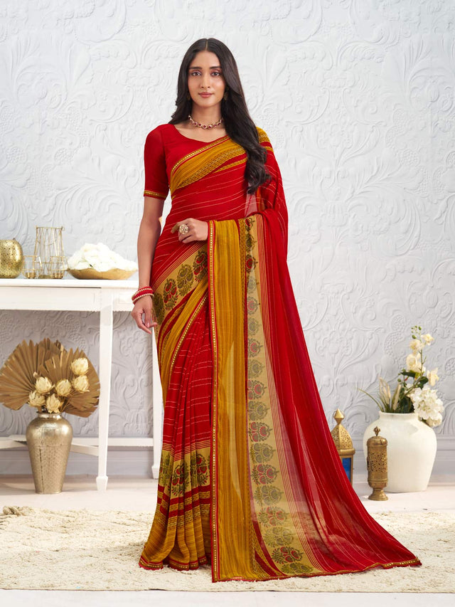 Red floral printed georgette saree daily wear