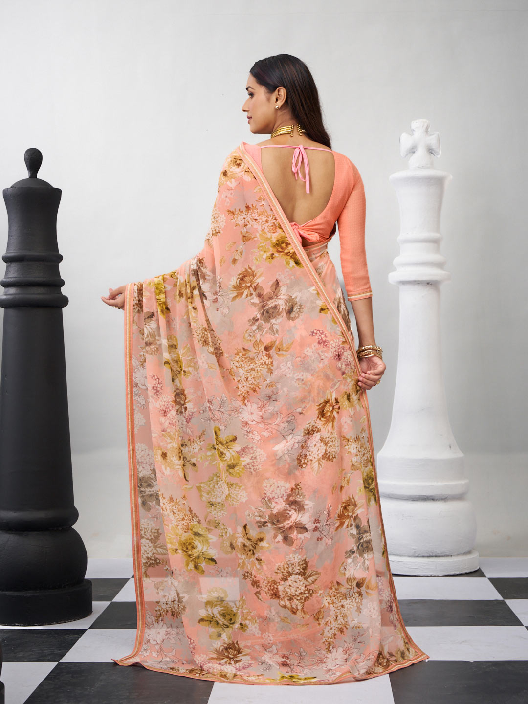 Orange stylish floral saree