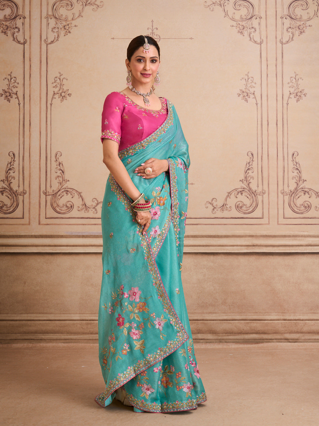 Green floral embroidered chiffon saree casual wear