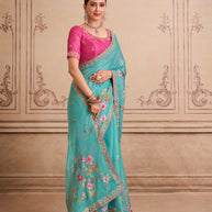 Green floral embroidered chiffon saree casual wear