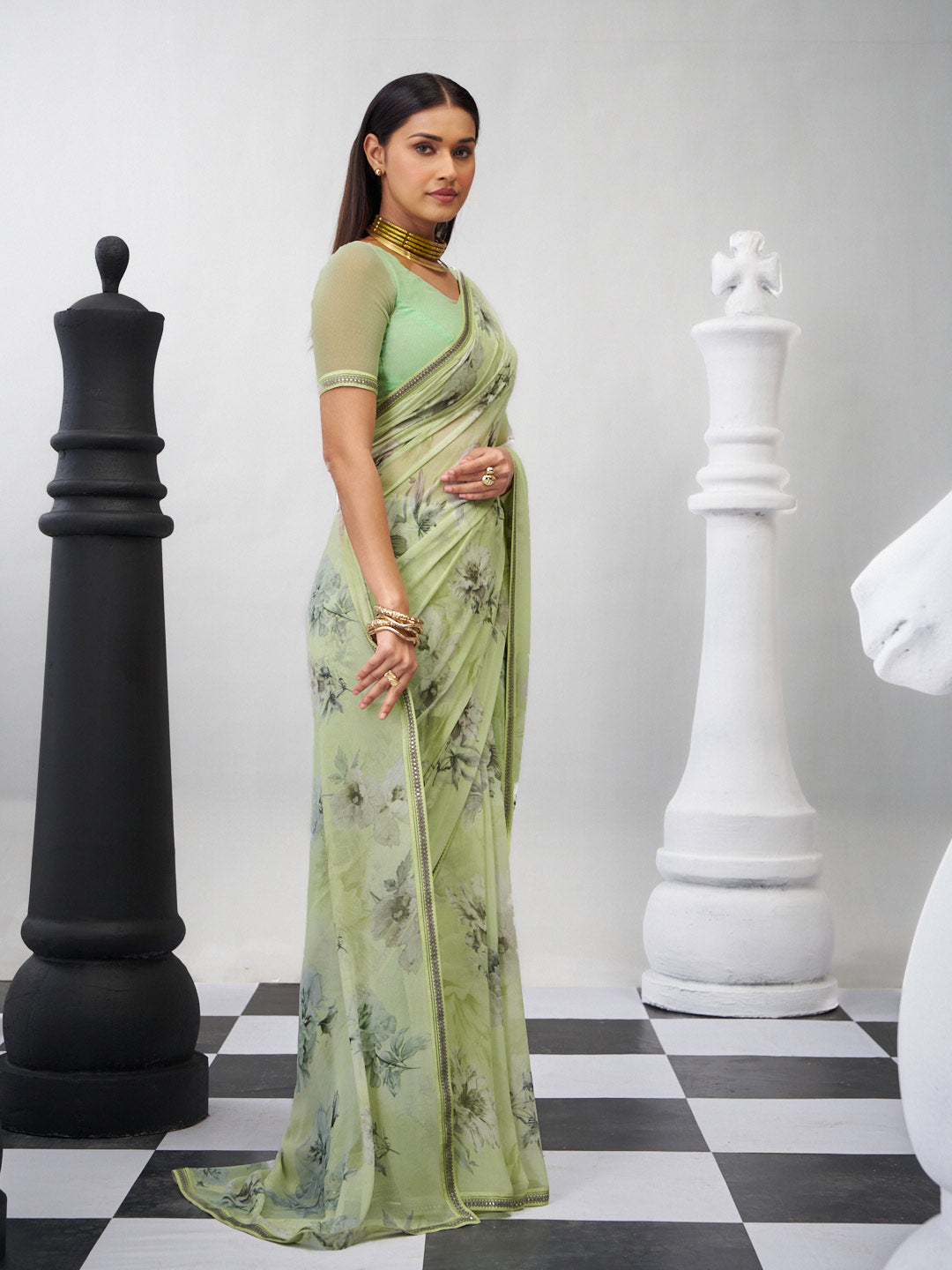 Green floral saree lightweight look
