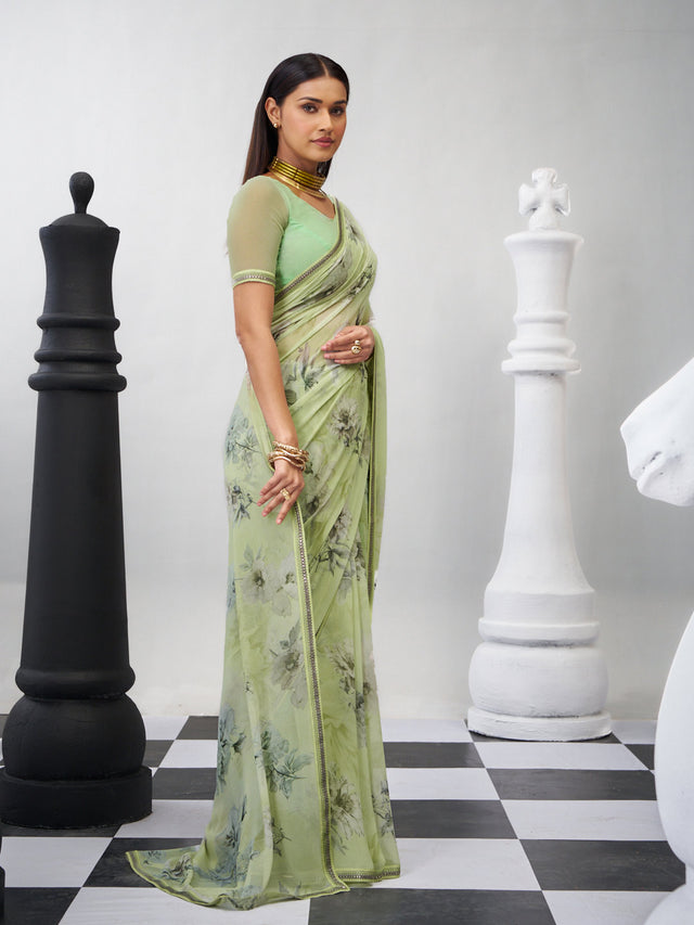 Green floral saree lightweight look