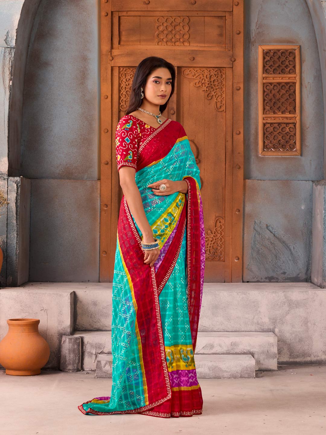 Blue checkered printed chiffon saree party wear