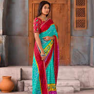 Blue checkered printed chiffon saree party wear