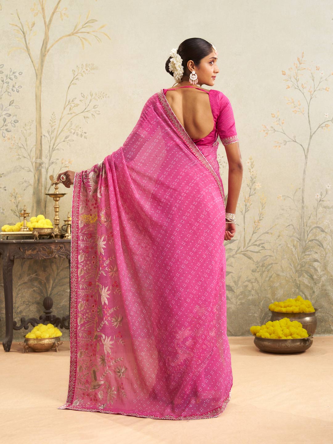 Pink embroidered chiffon saree party wear