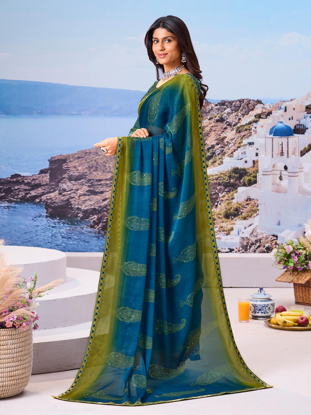 Stylish blue saree festive wear