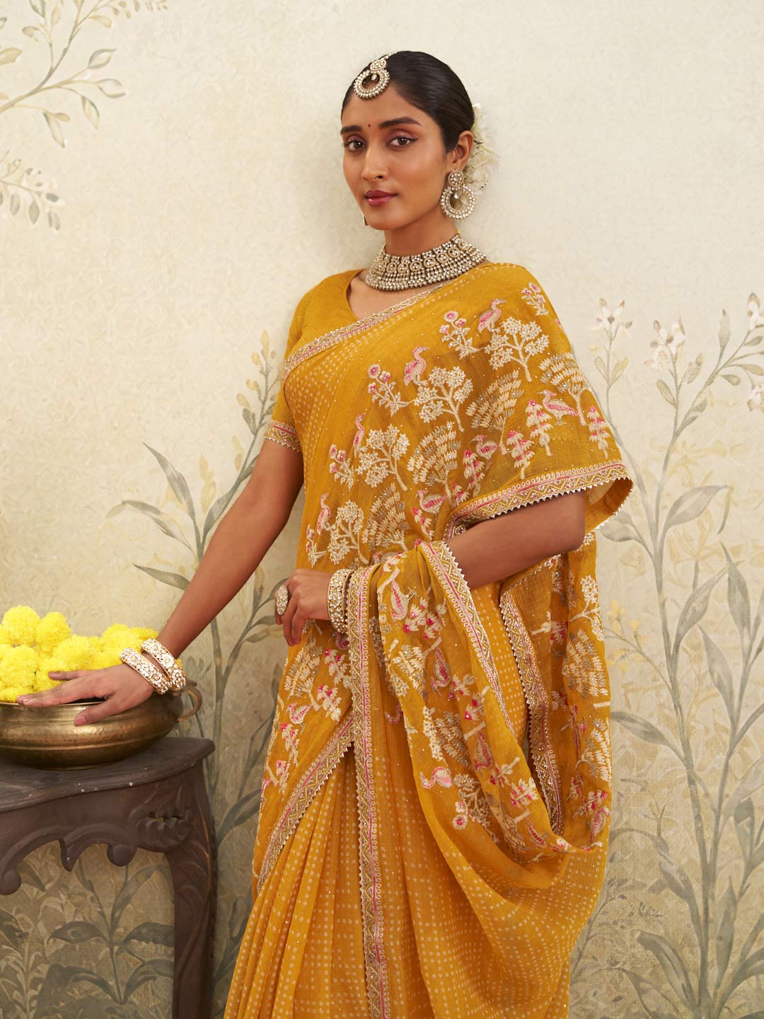 Yellow embroidered chiffon saree wedding wear