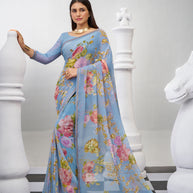 Blue floral printed georgette saree elegant style