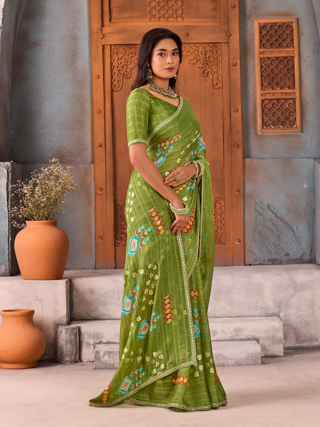 Green striped geometric printed Silk Blend saree party wear