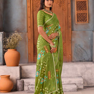 Green striped geometric printed Silk Blend saree party wear