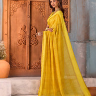 Yellow floral printed georgette saree festive wear