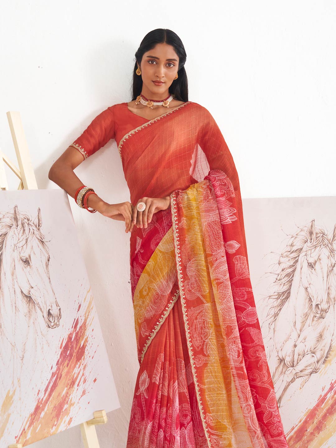 Laxmipati Murli Orange Chiffon Floral Saree