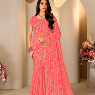 Pink floral embroidered chiffon saree party wear
