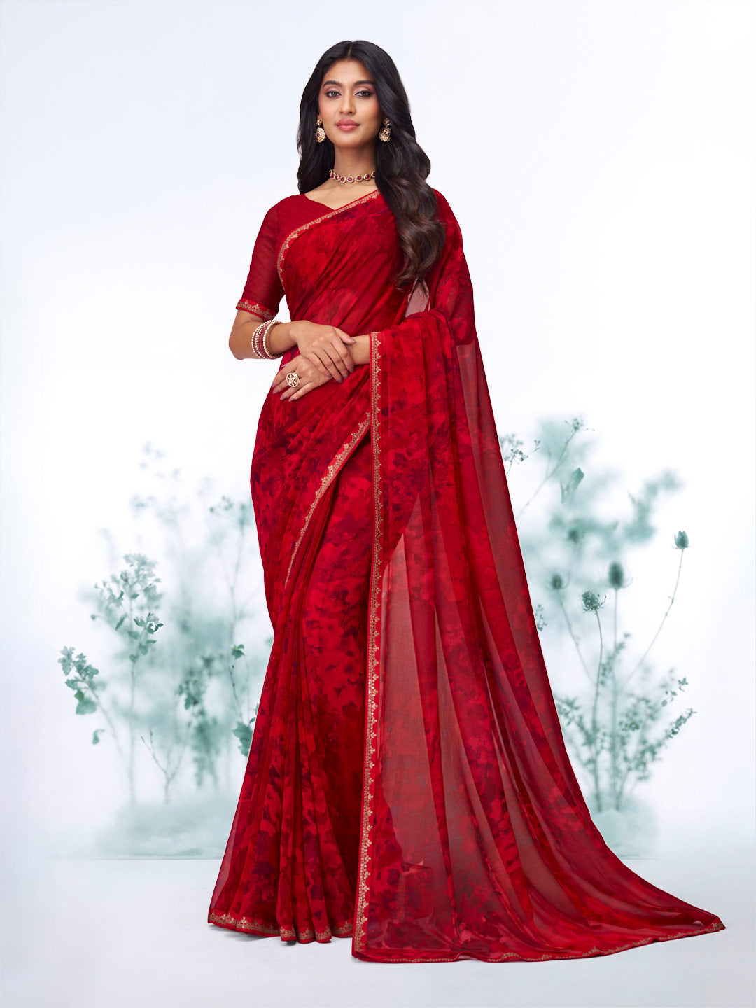 Red abstract printed georgette saree festive wear