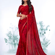 Red abstract printed georgette saree festive wear