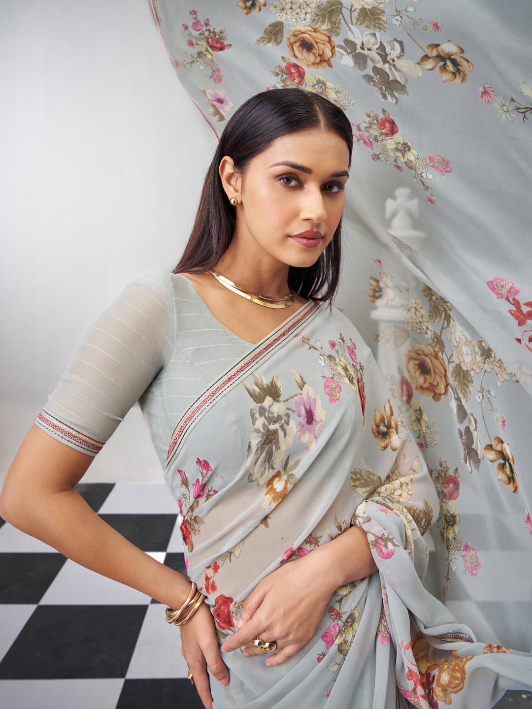 Grey floral georgette saree casual look