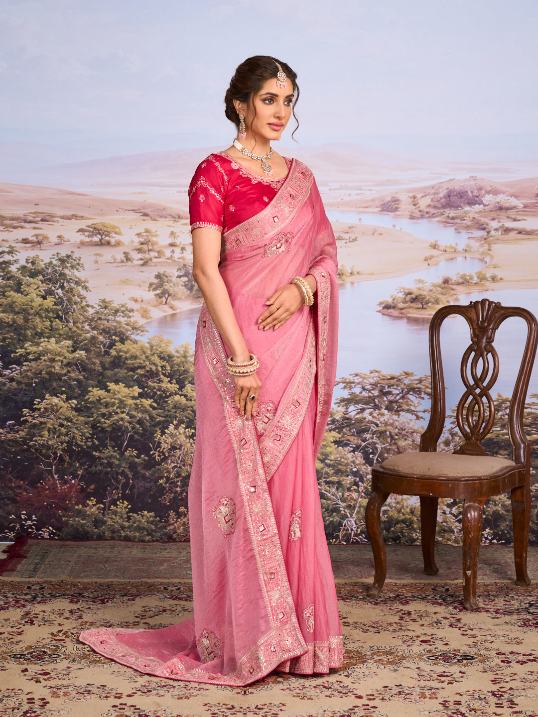 Pink embroidered chiffon saree casual wear