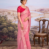 Pink embroidered chiffon saree casual wear