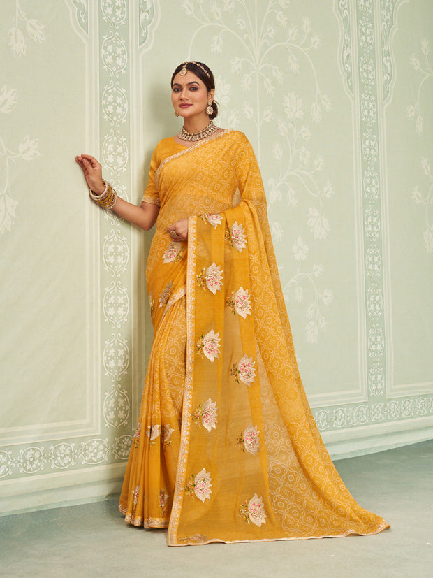 Yellow embroidered chiffon saree festive wear