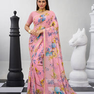 Pink floral printed georgette saree casual style
