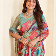 Teal floral georgette saree casual look