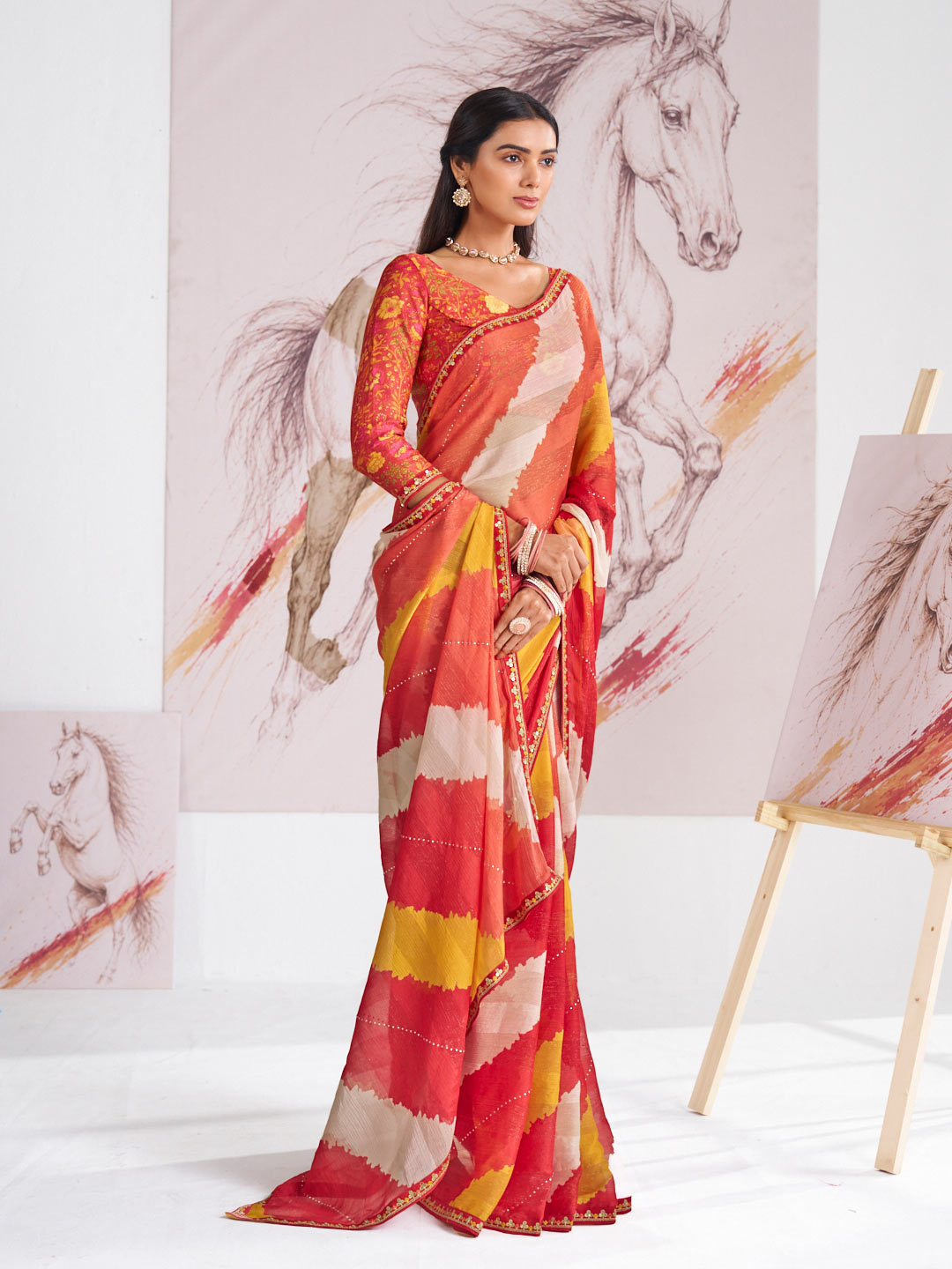 Laxmipati Murli Orange Chiffon Abstract Saree