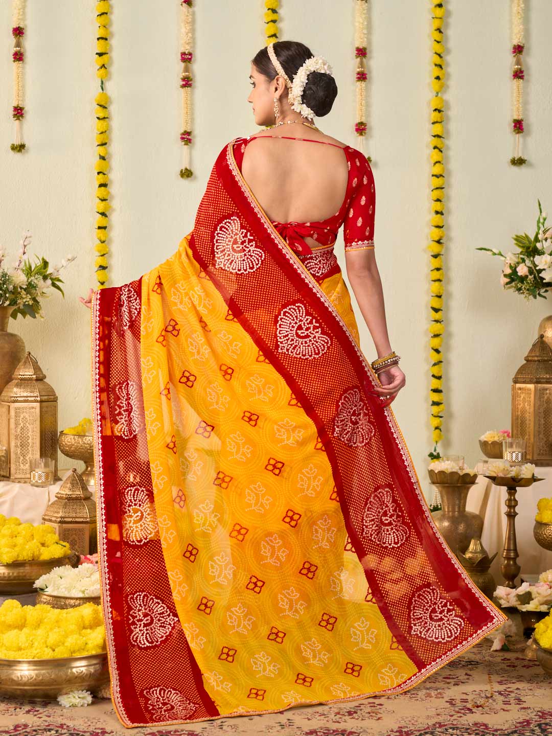 Yellow bandhani printed georgette saree festive wear