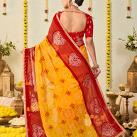 Yellow bandhani printed georgette saree festive wear