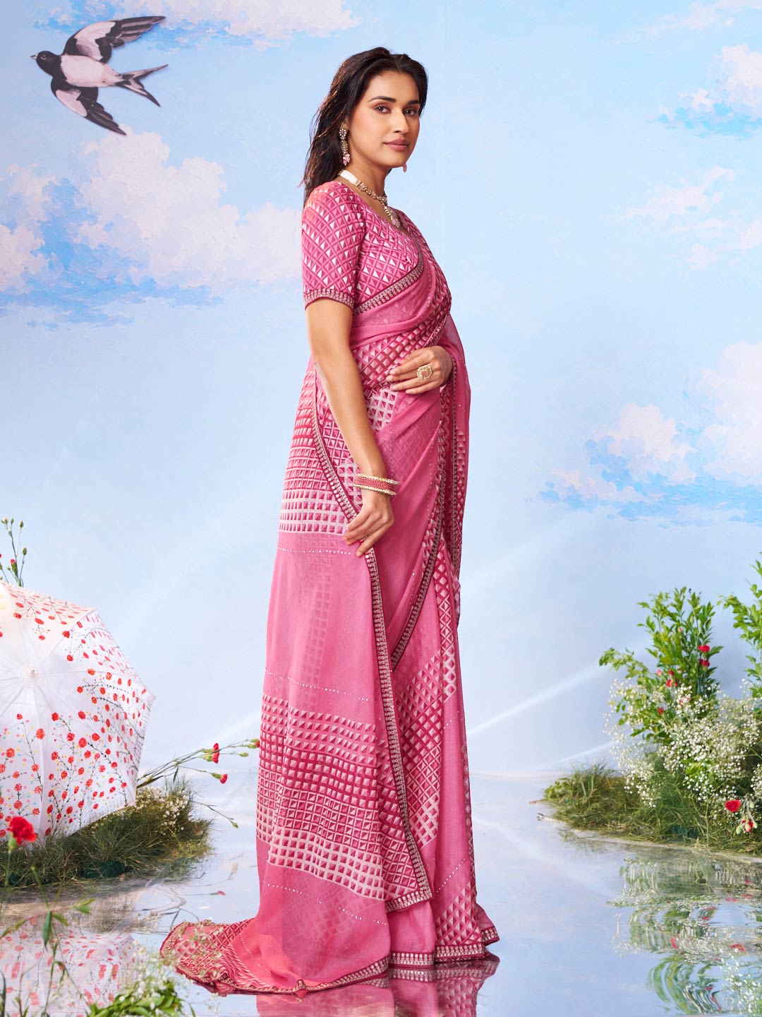 Pink geometric printed chiffon saree casual wear