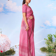 Pink geometric printed chiffon saree casual wear
