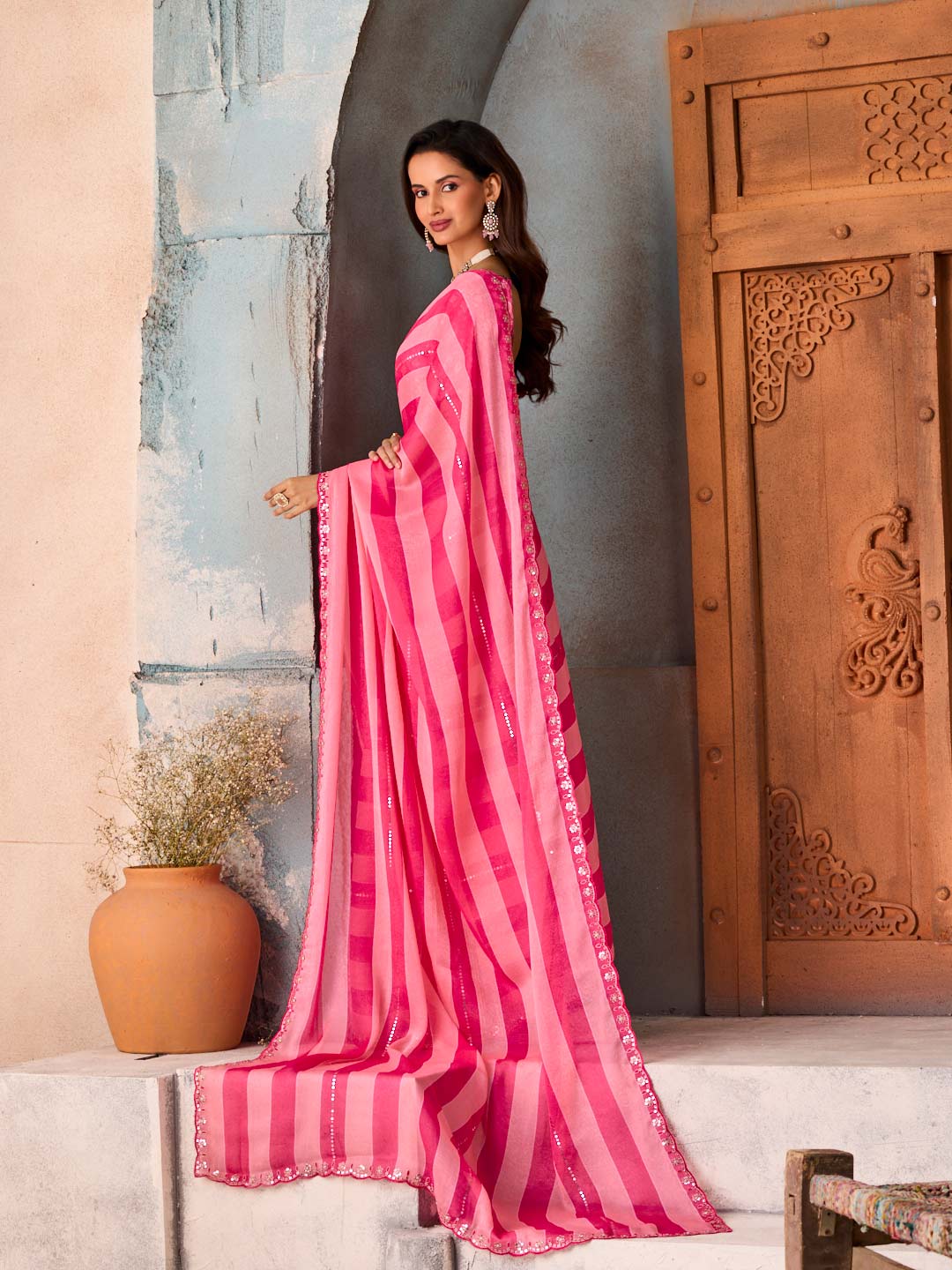 Pink striped sequin silk blend saree wedding wear