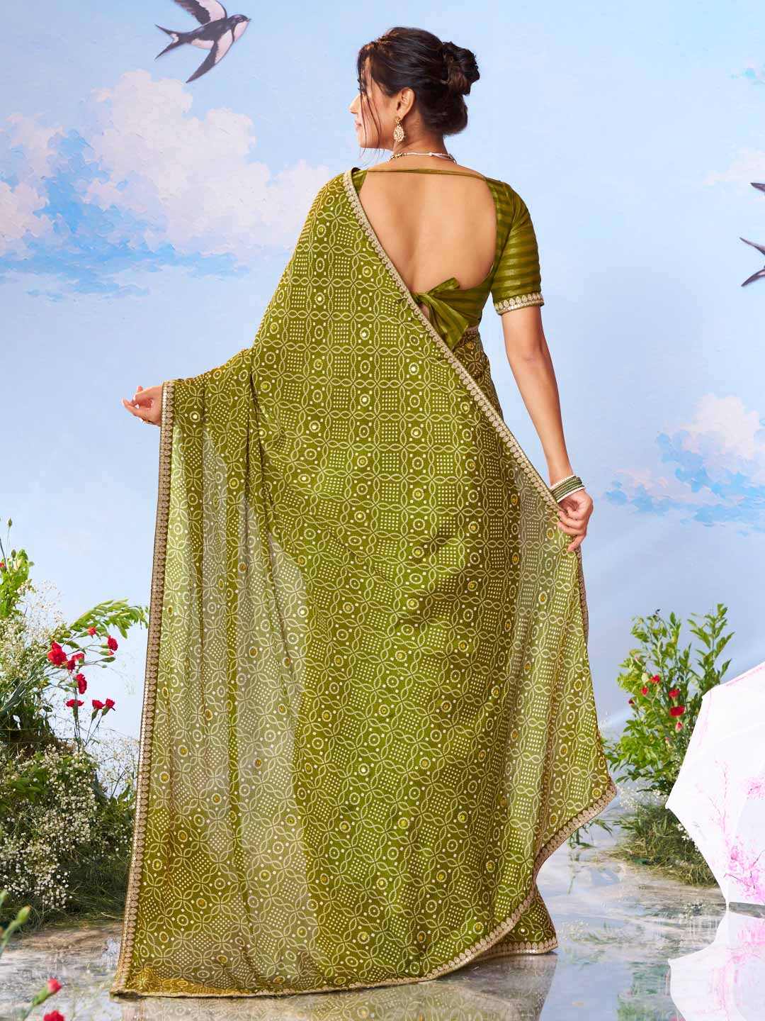  Green mirror work silk blend saree party wear 