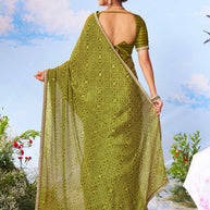  Green mirror work silk blend saree party wear 