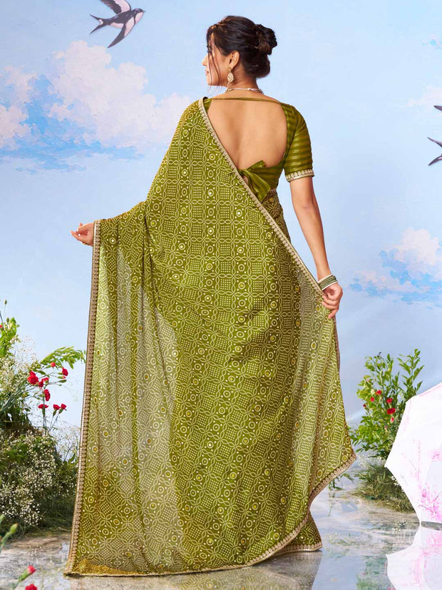  Green mirror work silk blend saree party wear 