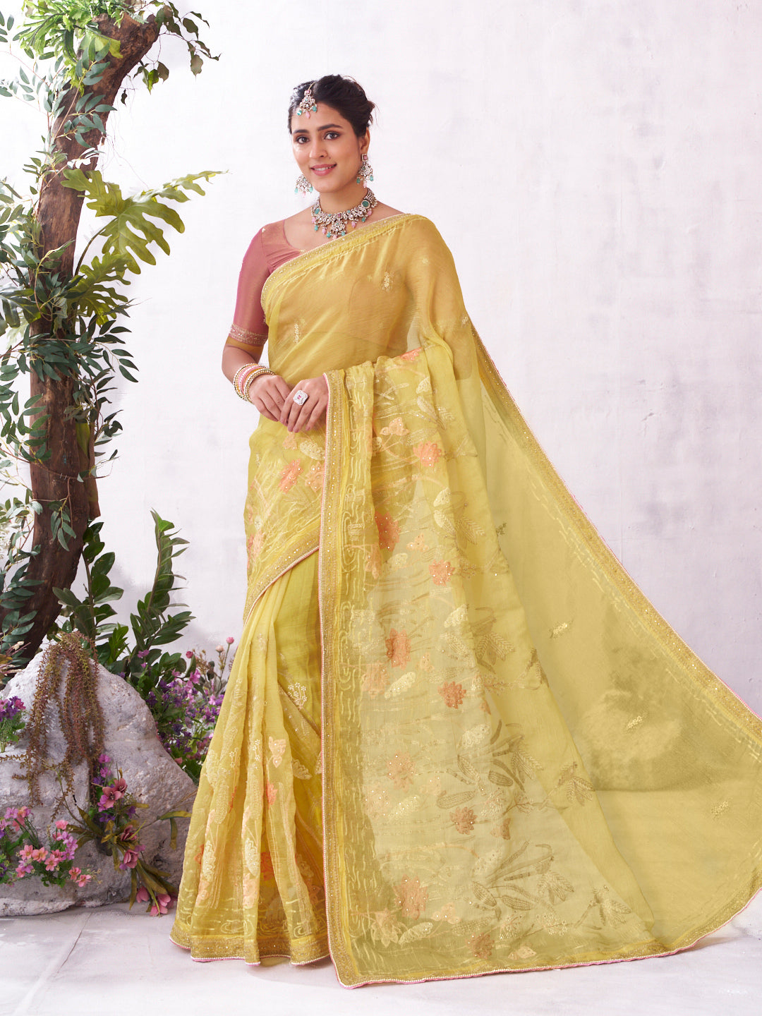Yellow butterfly floral embroidered chiffon saree trendy look
