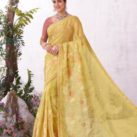 Yellow butterfly floral embroidered chiffon saree trendy look
